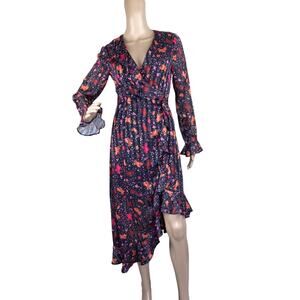 C/MEO Collective Significant Rose Floral Ruffle Asymmetrical Midi Wrap Dress S